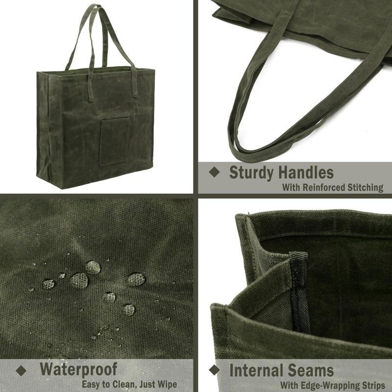 Kaaltisy Waxed Canvas Reusable Grocery Bag Heavy Duty Waterproof Shopping Bag Well Self-standing Sturdy Farmers Market Bag, Wide, Hard Handfeel - Image 3